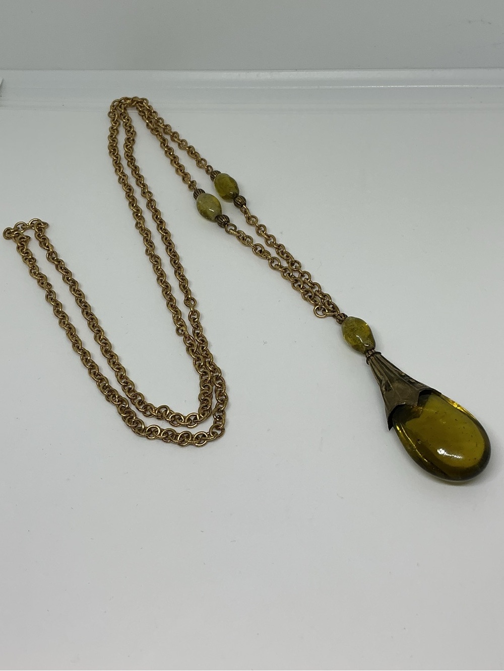 Antique Art Nouveau Lavaliere Pendant Necklace Olive Green Czech Art Glass - Picture 8 of 11